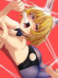 Rule 34 | 1girl, alternate breast size, animal ear fluff, animal ears, ass, barefoot, black bow, black bowtie, blonde hair, bow, bowtie, breasts, chuutaro metal, cleavage, commentary request, food, food on body, food on breasts, hand on own arm, highres, higurashi no naku koro ni, holding, holding food, holding popsicle, houjou satoko, large breasts, leotard, lying, on stomach, open mouth, pantyhose, playboy bunny, popsicle, purple eyes, rabbit ears, rabbit tail, red background, sexually suggestive, short hair, sideways, soles, solo, sweat, tail, teeth