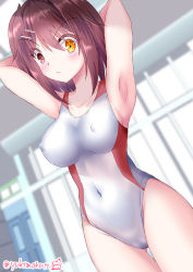 Rule 34 | 1girl, armpits, arms up, breasts, brown hair, cameltoe, cleft of venus, commentary request, competition swimsuit, covered erect nipples, covered navel, cowboy shot, dutch angle, furutaka (kancolle), glowing, glowing eye, heterochromia, kantai collection, large breasts, looking at viewer, one-piece swimsuit, short hair, solo, swimsuit, tamagawa yukimaru, twitter username, white one-piece swimsuit, yellow eyes