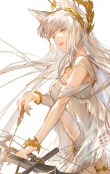 Rule 34 | 1girl, animal ear fluff, animal ears, arknights, arrow (projectile), bare shoulders, bikini, bow (weapon), bracelet, breasts, brown eyes, floating hair, highres, holding, holding arrow, holding bow (weapon), holding weapon, horse ears, jewelry, laurel crown, long hair, looking afar, midriff, official alternate costume, open clothes, platinum (arknights), platinum (shimmering dew) (arknights), shuaigegentou, solo, standing, swimsuit, very long hair, weapon, white bikini, white hair