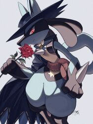 Rule 34 | black cape, black hat, brown bag, cape, closed mouth, commentary request, creatures (company), flower, game freak, gen 4 pokemon, grey background, hat, highres, holding, holding flower, kuchiba (jret2454), looking down, lucario, lucario (costume party), nintendo, pink eyes, pokemon, pokemon (creature), pokemon unite, red flower, signature, smile, solo