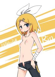 Rule 34 | 1girl, asymmetrical clothes, bandages, blonde hair, blue eyes, flat chest, groin, hair ornament, hairclip, jewelry, kagamine rin, mouth hold, navel, necklace, nipples, short hair, shousa (@shton), single pantsleg, solo, topless, unzipped, vocaloid