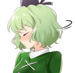 Rule 34 | 1girl, blush, closed eyes, closed mouth, commentary request, green hair, hat, madanai (morisumeshi), profile, short hair, simple background, soga no tojiko, solo, tate eboshi, touhou, upper body, white background