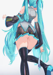 Rule 34 | 1girl, ass, bare shoulders, black footwear, black skirt, blue hair, blue nails, boots, detached sleeves, from behind, from below, grey background, grey shirt, hair ornament, hatsune miku, highres, long hair, long sleeves, mhk (mechamania), nail polish, panties, panties around leg, pleated skirt, shirt, simple background, skirt, solo, striped clothes, striped panties, thigh boots, thighhighs, thighs, twintails, underwear, very long hair, vocaloid, wide sleeves