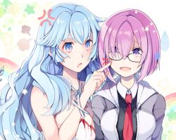 Rule 34 | 2girls, anger vein, artemis (fate), black shirt, blue hair, breasts, commentary request, dress, fate/grand order, fate (series), glasses, grey jacket, hair over one eye, hiyunagi, jacket, jewelry, large breasts, long hair, looking at another, mash kyrielight, multiple girls, necklace, necktie, purple eyes, red neckwear, shirt, short hair, smile, white jacket