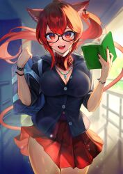 Rule 34 | 1girl, absurdres, animal ears, black-framed eyewear, blue shirt, book, bracelet, breasts, cat ears, cat girl, cat tail, cleavage, commission, earrings, facial mark, final fantasy, final fantasy xiv, glasses, hakusyokuto, highres, holding, holding book, jewelry, long hair, long sleeves, looking at viewer, medium breasts, miqo&#039;te, neckerchief, open mouth, original, pleated skirt, red eyes, red skirt, school uniform, shirt, single earring, skeb commission, skirt, smile, solo, tail, warrior of light (ff14), whisker markings
