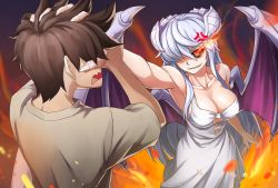 Rule 34 | 1boy, 1girl, anger vein, armpits, black sclera, breasts, brown hair, cleavage, collarbone, colored sclera, demon girl, dress, hair over one eye, hand on another&#039;s head, holding head, horns, large breasts, lilim (monster girl encyclopedia), long hair, mari (maritan), maritan (pixelmaritan), monster girl, monster girl encyclopedia, original, red eyes, short hair, silver hair, white dress, wings