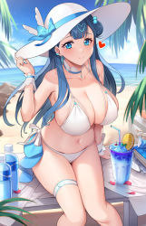Rule 34 | 1girl, bare arms, bare shoulders, bikini, blue eyes, blue hair, blue nails, breasts, cleavage, closed mouth, collarbone, cup, day, drink, drinking glass, drinking straw, hat, heart, highres, horizon, hugtto! precure, large breasts, light smile, long hair, looking at viewer, nail polish, navel, ocean, outdoors, precure, rumo, sitting, solo, summer, sun hat, swimsuit, thigh strap, white bikini, white hat, wrist cuffs, yakushiji saaya
