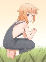 Rule 34 | 1girl, bare shoulders, barefoot, blonde hair, blue eyes, braid, breasts, cevio, denim, grass, hair flaps, hair ornament, kuroshiro gurei, looking at viewer, looking back, naked overalls, no bra, one (cevio), overalls, own hands clasped, own hands together, pocket, short hair, sideboob, sidelocks, sitting, small breasts, smile, solo
