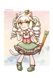 Rule 34 | 1girl, :3, absurdres, animal ears, border, bow, cat ears, cat girl, cat tail, chibi, commentary, crown, dahlia wintra, dahlia wintra (artist), dress, drill hair, english commentary, fang, frills, gloves, green bow, green dress, green footwear, hair ornament, hairclip, hand on own face, hand up, highres, holding, jewelry, looking to the side, mary janes, mole, mole under eye, outside border, pendant, princess outfit, scepter, shirt, shoes, skin fang, smug, solo, tail, thick eyebrows, tomopulse, virtual youtuber, white border, white gloves, white hair, white shirt, yellow eyes