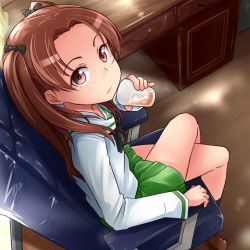 Rule 34 | 10s, 1girl, black ribbon, black socks, blouse, brown eyes, brown footwear, brown hair, chair, closed mouth, crossed legs, desk, from above, from side, girls und panzer, glass, green skirt, hair ribbon, holding, indoors, kadotani anzu, kitayama miuki, loafers, long hair, long sleeves, looking at viewer, miniskirt, neckerchief, ooarai school uniform, parted bangs, pleated skirt, ribbon, school uniform, serafuku, shirt, shoes, sitting, skirt, socks, solo, twintails, white shirt