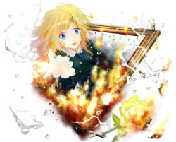 Rule 34 | 1girl, blonde hair, blue eyes, broken glass, dress, fire, flower, glass, ib (kouri), long hair, mary (ib), outstretched hand, painting (object), rose, solo, spoilers, taiwan (artist), ted (n9011x), white background, yellow flower, yellow rose