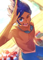 Rule 34 | 1boy, ;d, abs, arm up, blue hair, blue leggings, blurry, blurry background, collarbone, commentary request, creatures (company), day, game freak, goggles, goggles around neck, green eyes, highres, leggings, male focus, marlon (pokemon), natupath summer, net, nintendo, one eye closed, open mouth, outdoors, pectorals, poke ball, poke ball (basic), pokemon, pokemon bw2, short hair, sitting, smile, solo, teeth, tongue, topless male