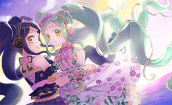 Rule 34 | 2girls, arrow (symbol), bare shoulders, blue dress, blue hair, braid, braided bangs, commentary, cowboy shot, detached sleeves, dress, falala a larm, floral print, flower, garara s leep, green hair, hair flower, hair ornament, head chain, headphones, holding hands, idol clothes, idol time pripara, jewelry, jinno (jin c kkry), long hair, looking at viewer, multiple girls, ocean, outdoors, pink flower, pretty series, print dress, pripara, purple flower, siblings, sidelocks, sisters, smile, standing, symbol-shaped pupils, twins, twintails, very long hair, white dress, wind, yellow eyes