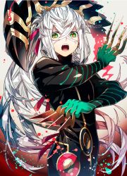 Rule 34 | 1boy, asclepius (fate), between fingers, black jacket, cowboy shot, crossed bangs, fangs, fate/grand order, fate (series), gloves, green eyes, hair between eyes, hair ribbon, holding, holding knife, holding weapon, jacket, knife, knives between fingers, long hair, long sleeves, looking at viewer, male focus, moru, open mouth, paint splatter, pantyhose, ponytail, ribbon, sidelocks, slit pupils, solo, standing, tight clothes, upper body, weapon, white background, white hair