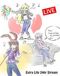 Rule 34 | 3girls, ball, beachball, rabbit ears, cellphone, clothes writing, highres, iesupa, microphone, multiple girls, music, musical note, phone, quaver, rwby, voice actor connection, singing, smartphone, velvet scarlatina, weiss schnee, yang xiao long