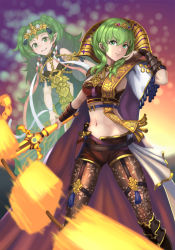 Rule 34 | 2girls, alternate costume, armored boots, blurry, blurry background, boots, braid, breasts, bridal garter, brown legwear, brown shorts, byleth (female) (fire emblem), byleth (fire emblem), cape, circlet, closed mouth, commentary request, cowboy shot, dagger, emblem, fire emblem, fire emblem: three houses, green eyes, green hair, groin, hair between eyes, hair ornament, hair ribbon, highres, holding, holding sword, holding weapon, knee boots, knife, large breasts, long hair, looking at viewer, midriff, multiple girls, navel, nintendo, pantyhose, pantyhose under shorts, patterned clothing, pointy ears, purple cape, ribbon, ribbon braid, short shorts, shorts, side braids, sidelocks, smile, sothis (fire emblem), standing, sword, sword of the creator, tiara, tokisake masoho, twilight, twin braids, two-tone cape, underbust, vambraces, weapon, white cape