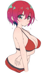 1girl amate_yuzuriha aqua_eyes bikini breasts gundam gundam_gquuuuuux highres large_breasts looking_at_viewer mel_(melty_pot) navel red_bikini red_hair short_hair simple_background solo swimsuit upper_body wet white_background