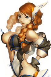 Rule 34 | 1girl, alien1452, bare shoulders, blue eyes, boots, braid, breasts, cleavage, detached sleeves, full-length zipper, gloves, hands on own hips, highres, non-web source, orange hair, robot ears, science fiction, solo, thigh boots, thighhighs, twin braids, zipper