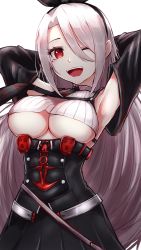 Rule 34 | 1girl, armpits, arms up, azur lane, black necktie, black skirt, black sleeves, breasts, commentary request, cowboy shot, detached sleeves, grey hair, hair over one eye, hairband, high-waist skirt, highres, large breasts, long hair, looking at viewer, mole, mole under eye, necktie, one eye closed, open mouth, prinz heinrich (azur lane), red eyes, reizouko, revision, skirt, smile, solo, standing, swept bangs, underboob, very long hair