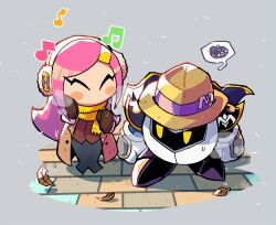 Rule 34 | 1boy, 1girl, armor, autumn leaves, breath, cape, closed eyes, coat, earmuffs, gloves, grey background, hat, highres, kirby: planet robobot, kirby (series), long hair, mask, meta knight, musical note, nintendo, pink hair, rariatto (ganguri), rayman limbs, scarf, shoulder armor, spoken squiggle, squiggle, susie (kirby)