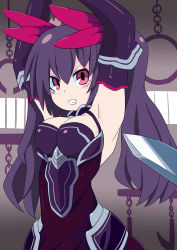Rule 34 | absurdres, armpits, black dress, black hair, captivity, dress, dungeon, highres, neptune (series), noire (neptunia), red ribbons, siroisa4613, twintails