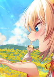 Rule 34 | &gt; &lt;, 2girls, akai haato, arms up, blonde hair, blue eyes, blue sky, blush, cloud, commentary request, day, dress, field, flower, flower field, flying sweatdrops, forced perspective, hair between eyes, highres, hololive, horns, magowasabi, multiple girls, open mouth, outdoors, overskirt, portrait, profile, red legwear, red ribbon, ribbon, sailor collar, sheep girl, sheep horns, short sleeves, signature, skirt, sky, socks, striped clothes, striped dress, teeth, tsunomaki watame, twintails, upper teeth only, vertical-striped clothes, vertical-striped dress, virtual youtuber, white dress, white sailor collar, white skirt, yellow flower