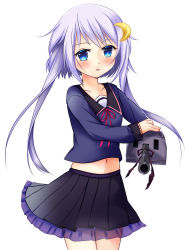 Rule 34 | 10s, 1girl, absurdres, blouse, blush, cowboy shot, crescent, crescent hair ornament, frilled skirt, frills, hair ornament, highres, kantai collection, ko yu, long sleeves, looking at viewer, machinery, midriff, midriff peek, neckerchief, pleated skirt, purple eyes, purple hair, purple skirt, sailor collar, school uniform, serafuku, shirt, short hair, short hair with long locks, simple background, skirt, solo, white background, yayoi (kancolle)