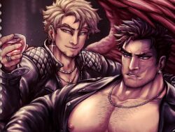 Rule 34 | 2boys, abs, alternate costume, bara, bare pectorals, beard, boku no hero academia, chest hair, collared shirt, cropped, cup, drinking glass, earrings, endeavor (boku no hero academia), facial hair, forked eyebrows, goatee, hawks (boku no hero academia), jacket, jewelry, large pectorals, leather, leather jacket, long sideburns, male focus, mature male, multiple boys, muscular, muscular male, necklace, nipples, open clothes, open shirt, paid reward available, parted lips, pectorals, red hair, scar, scar across eye, serpentin art, shirt, short hair, sideburns, smile, sparkle, spiked hair, spread wings, stubble, thick eyebrows, upper body, wine glass, yaoi