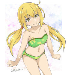 Rule 34 | 1girl, artist name, bikini, blonde hair, breasts, commentary request, crescent, crescent pin, gakky, green bikini, kantai collection, leaning forward, long hair, one-hour drawing challenge, satsuki (kancolle), small breasts, solo, standing, star (symbol), star print, swimsuit, twintails, white background, yellow eyes