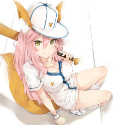 Rule 34 | 10s, 1girl, alternate costume, animal ear fluff, animal ears, baseball bat, baseball cap, baseball uniform, breasts, cleavage, fang, fang out, fate/extra, fate (series), fox ears, fox tail, from above, hat, highres, kneehighs, large breasts, long hair, looking at viewer, pink hair, shoes, silver (chenwen), sitting, smile, socks, solo, sportswear, tail, tamamo (fate), tamamo no mae (fate/extra), white footwear, white socks, wrist cuffs, yellow eyes