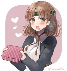Rule 34 | 1girl, blouse, box, breasts, brown eyes, brown hair, chiyoda (kancolle), hatomaru (hatomaru56), headband, japanese clothes, kantai collection, large breasts, looking at viewer, one-hour drawing challenge, open mouth, shirt, short hair, solo, twitter username, two-tone background, upper body