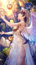 Rule 34 | 1girl, :o, apple, armlet, bare shoulders, black hair, book, bracelet, breasts, cloud, cloudy sky, cowboy shot, dress, european architecture, feathered wings, floating, floating book, floating object, food, from side, fruit, girl cafe gun, gold bar, gold bra, gold panties, hands up, highres, jewelry, long dress, long hair, looking up, medium breasts, navel, official art, open book, orange eyes, outstretched arms, pencil, profile, see-through, see-through dress, shi wuxia, side slit, sky, sleeveless, sleeveless dress, solo, sunlight, thigh strap, tree, white dress, white veil, white wings, wings, yellow sky
