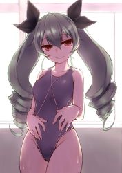 Rule 34 | 10s, 1girl, :&gt;, akitsuchi shien, anchovy (girls und panzer), backlighting, bad id, bad twitter id, bare arms, bare shoulders, black ribbon, blue one-piece swimsuit, closed mouth, collarbone, competition school swimsuit, competition swimsuit, cowboy shot, drill hair, eyebrows, girls und panzer, groin, hair between eyes, hair ribbon, hands on own hips, head tilt, highres, indoors, legs together, long hair, looking at viewer, one-piece swimsuit, red eyes, ribbon, school swimsuit, silver hair, skin tight, solo, standing, sweat, sweatdrop, swimsuit, tsurime, twin drills, twintails, very long hair, window