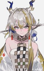 Rule 34 | 1girl, aogisa, arknights, bare shoulders, blonde hair, blurry, blush, chinese commentary, closed mouth, collarbone, commentary request, commission, dragon girl, dragon horns, earrings, eyes visible through hair, grey eyes, grey hair, grey horns, hair between eyes, hair intakes, highres, horns, jacket, jewelry, long hair, looking at viewer, mixed-language commentary, multicolored hair, necklace, off shoulder, open clothes, open jacket, pointy ears, purple hair, purple horns, shu (arknights), skeb commission, smile, solo, strapless, tube top, upper body, white background, white jacket, white tube top, yellow horns