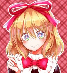 Rule 34 | 1girl, argyle, argyle background, argyle clothes, blonde hair, bow, bowtie, collar, frilled collar, frills, hair between eyes, hair ribbon, highres, looking at viewer, medicine melancholy, multicolored eyes, portrait, rainbow eyes, red background, red bow, red bowtie, red ribbon, ribbon, rie-co, short hair, smile, solo, sparkling eyes, touhou