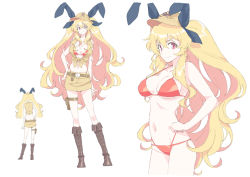 Rule 34 | 1girl, anne bonny (fate), bikini, blonde hair, boots, breasts, character sheet, fate/grand order, fate (series), hand on own hip, hat, large breasts, long hair, nail polish, pouch, red eyes, red nails, skull and crossbones, smile, swimsuit, t-okada, thigh pouch, twintails, white background