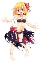 Rule 34 | 1girl, :d, bare shoulders, barefoot, bikini, black bikini, black skirt, blonde hair, collarbone, darkness, fang, full body, hair ribbon, halterneck, highres, looking at viewer, maturiuta sorato, navel, open mouth, orange eyes, outstretched arms, red ribbon, ribbon, rumia, short hair, simple background, skirt, smile, solo, standing, swimsuit, touhou, white background