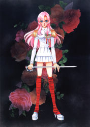 Rule 34 | 1990s (style), 1girl, alternate costume, blue eyes, epaulettes, flower, high heels, highres, holding, holding weapon, jewelry, long hair, long legs, looking at viewer, medal, miniskirt, official art, parted bangs, parted lips, pink hair, retro artstyle, ring, rose, saitou chiho, shoujo kakumei utena, skirt, solo, sword, tenjou utena, traditional media, uniform, weapon