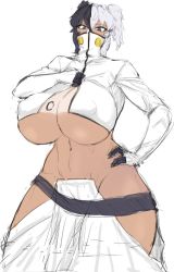 Rule 34 | 1girl, arrancar, belt, black hair, bleach, blue eyes, breast tattoo, breasts, cleavage, cosplay, cropped jacket, curvy, dark skin, dark-skinned female, covered erect nipples, exabyte (parallax05), hair between eyes, hand on own hip, hip vent, huge breasts, impossible clothes, loose belt, multicolored hair, original, short twintails, solo, tan, tanline, tattoo, thick thighs, thighs, tier harribel, tier harribel (cosplay), twintails, two-tone hair, underboob, white hair, wide hips
