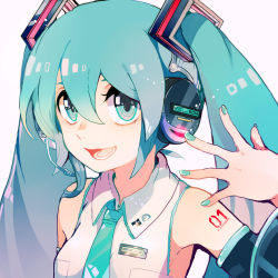 Rule 34 | 1girl, :d, collar, collared shirt, commentary, eyelashes, green eyes, green hair, green nails, green necktie, hand up, hatsune miku, hatsune miku (vocaloid3), headphones, headset, long hair, looking at viewer, nail polish, necktie, open mouth, shirt, shoulder tattoo, sleeveless, sleeveless shirt, smile, solo, souno, spread fingers, tattoo, twintails, very long hair, vocaloid, white background, white shirt