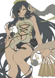 Rule 34 | absurdly long hair, animal ears, aquaplus, bare shoulders, bcm, black hair, breasts, cat tail, cleavage, cleavage cutout, clothing cutout, eyes visible through hair, fan, from below, hair ornament, hair over one eye, hand fan, hand on own hip, highres, holding, holding fan, holding weapon, jewelry, kuon (utawarerumono), kuon waves-enticing fan, long hair, looking at viewer, medium breasts, midriff, one eye closed, open mouth, raised eyebrows, sleeveless, swept bangs, swimsuit, tail, teeth, thighs, underboob, utawarerumono, utawarerumono: itsuwari no kamen, utawarerumono: lost flag, veil, very long hair, weapon, yellow eyes
