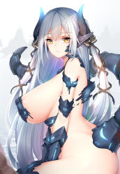 Rule 34 | 1girl, absurdres, bare shoulders, between legs, black ribbon, breasts, chixiao, closed mouth, dragon girl, dragon horns, dragon tail, expressionless, from side, hair between eyes, hair ribbon, hand between legs, highres, horns, huge breasts, long hair, looking at viewer, looking to the side, original, revealing clothes, ribbon, solo, tail, tsurime, very long hair, yellow eyes