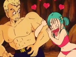 Rule 34 | 1980s (style), 1boy, 1girl, animated, animated gif, belt, blonde hair, breasts, bulma, cave, cleavage, commander blue, dragon ball, dragon ball (classic), heart, lowres, muscular, naughty face, oldschool, panties, pink panties, retro artstyle, short hair, smile, tongue, tongue out, underwear