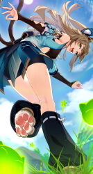 Rule 34 | 1girl, :d, absurdres, animal ears, armpits, ass, bent over, black socks, blue sky, blurry, bridal gauntlets, brown hair, cat ears, cat girl, cat tail, claws, cloud, cloudy sky, commentary request, depth of field, detached sleeves, fang, from below, genshin impact, grass, green eyes, hair between eyes, highres, japanese clothes, kirara (genshin impact), kneehighs, long hair, looking at viewer, looking back, multiple tails, nekomata, onimoti, open mouth, outdoors, pleated skirt, short sleeves, sidelocks, skirt, sky, smile, socks, solo, standing, standing on one leg, tail, two tails