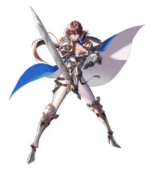 Rule 34 | 1girl, absurdres, armor, belt, black survival, bodysuit, breastplate, breasts, brown hair, cleavage, fiora pellerin, full body, greaves, green eyes, hair between eyes, high heels, highres, large breasts, long hair, low ponytail, official alternate costume, official art, parted lips, pauldrons, ponytail, shoulder armor, solo, standing, sword, tachi-e, transparent background, vambraces, very long hair, weapon