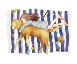 Rule 34 | 1girl, :d, animal, ball, bare legs, brown hair, brush, closed eyes, dog, dog biscuit, hug, hug from behind, labrador retriever, long hair, lying, mimizubare, no pants, on side, open mouth, original, pet food, rug, sleeping, slippers, smile, snack, solo, striped, sweater, toy