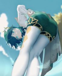 Rule 34 | 1boy, artist request, ass, bent over, black hair, braid, cape, come hither, from behind, from below, genshin impact, gradient hair, green eyes, green hair, hat, highres, leggings, looking at viewer, looking back, looking down, multicolored hair, naughty face, short hair, short shorts, shorts, smile, solo, twin braids, venti (genshin impact)