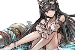 Rule 34 | 1girl, animal ears, black hair, breasts, character request, cleavage, closed mouth, gloves, goggles, goggles on head, hungry clicker, jessica (granblue fantasy), jewelry, long hair, looking at viewer, solo, water, white background