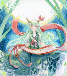 Rule 34 | 1girl, bamboo, bamboo forest, bow, collared dress, commentary request, dress, ex-keine, forest, full moon, green dress, green hair, holding, holding scroll, horn bow, horn ornament, horns, huge moon, kamishirasawa keine, long hair, looking at viewer, moon, nature, outdoors, painting (medium), red bow, red eyes, scroll, short sleeves, single horn, solo, touhou, traditional media, watercolor (medium), yanagise