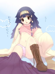 Rule 34 | 1girl, :o, alluka zoldyck, bad id, bad pixiv id, badge, blue hair, boots, bow, bow panties, breasts, clothes lift, crotch seam, flying sweatdrops, full body, genderswap, genderswap (mtf), hair ornament, hairband, hairpin, hands in opposite sleeves, hunter x hunter, knee up, kuro (tsumito), lace, lace-trimmed panties, lace trim, long hair, long sleeves, navel, open mouth, panties, pink panties, shirt lift, sitting, skirt, unworn skirt, small breasts, smiley face, solo, translation request, underboob, underwear, undressing